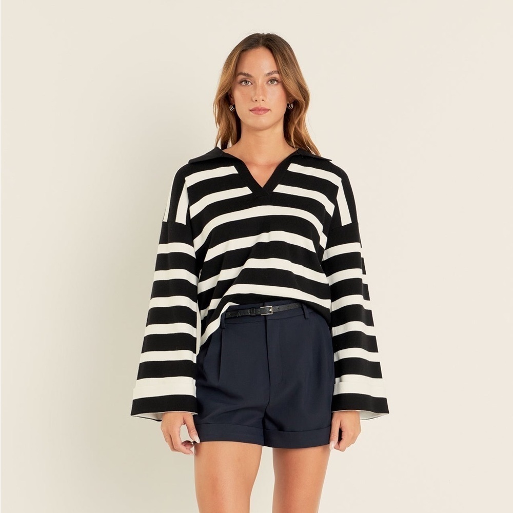 English factory STRIPED COLLARED CROPPED SWEATER black/white size medium